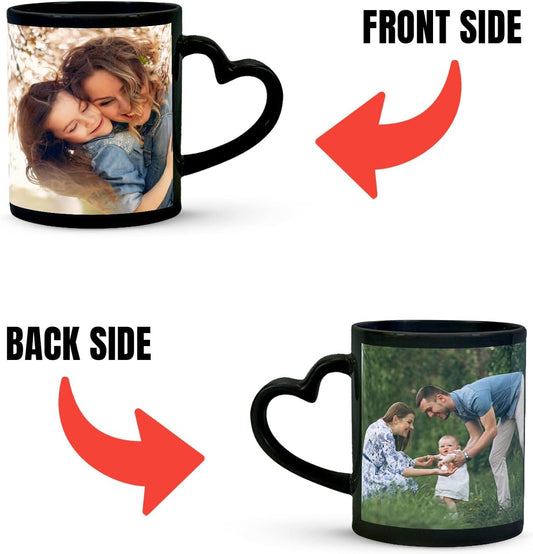 11oz Black Heat Sensitive Color Changing Photo Magic Mug Heart Handle Personalized Photo Text