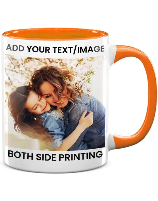 11oz Orange Inside Handle Color Custom Ceramic Coffee Mug with Photo Text Logo